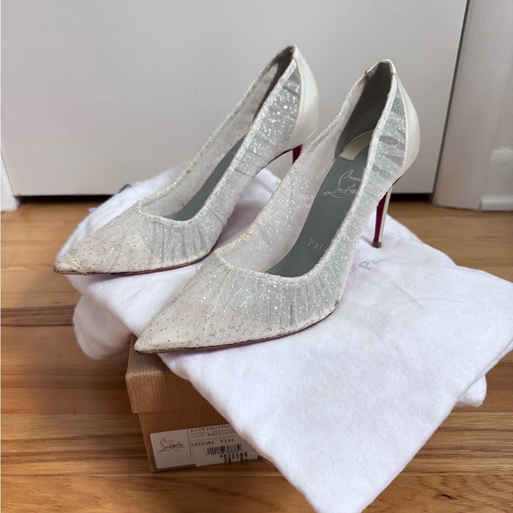 SOLD ‼️Christian Louboutin Kate Draperia 85 White Glitter Tulle Bridal Low Heel - Picture 3 of 16